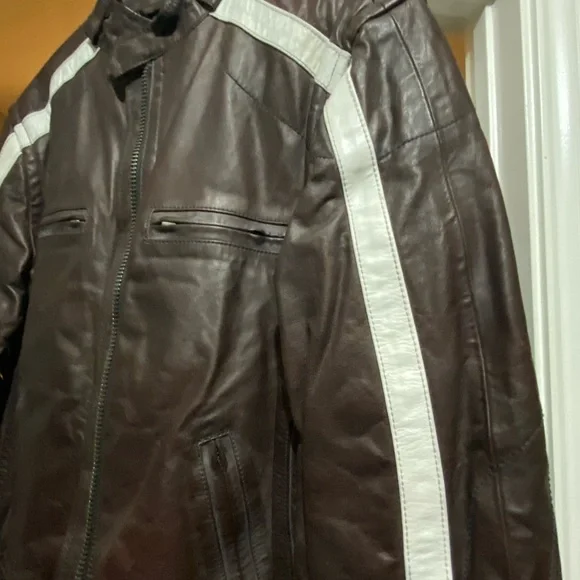 Men's Brown Leather Jacket with White Racing Stripes